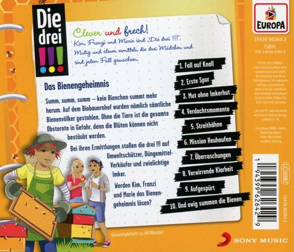 Rückseite eines 'Die drei !!!'-Buches mit Illustrationen von drei Mädchen und Text auf Deutsch.