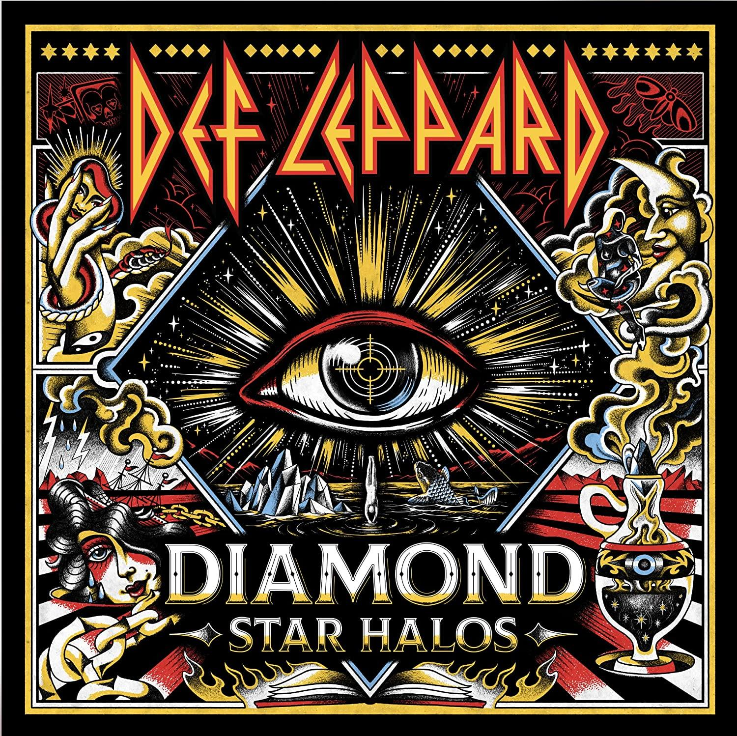 Pochette d'album avec un œil. Le titre est Diamond Star Halos. De nombreux autres éléments.