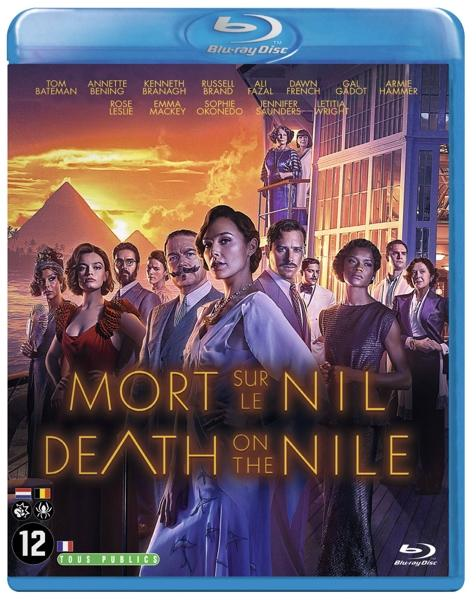 Blu-ray-hoes voor 'Death on the Nile'. Met talrijke acteurs. Titel in gouden letters.