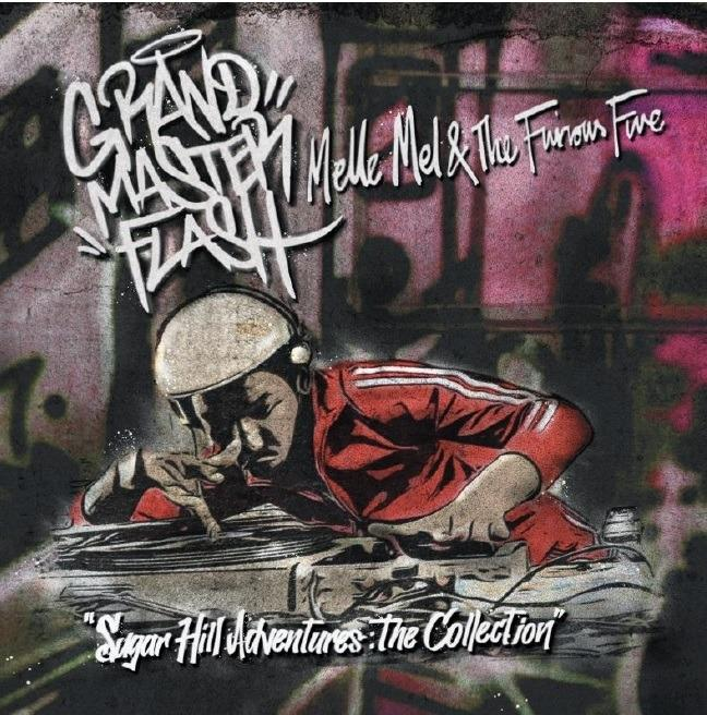 Couverture d'album. Homme en veste rouge, casque et fond de graffiti, avec texte : Grandmaster Flash.