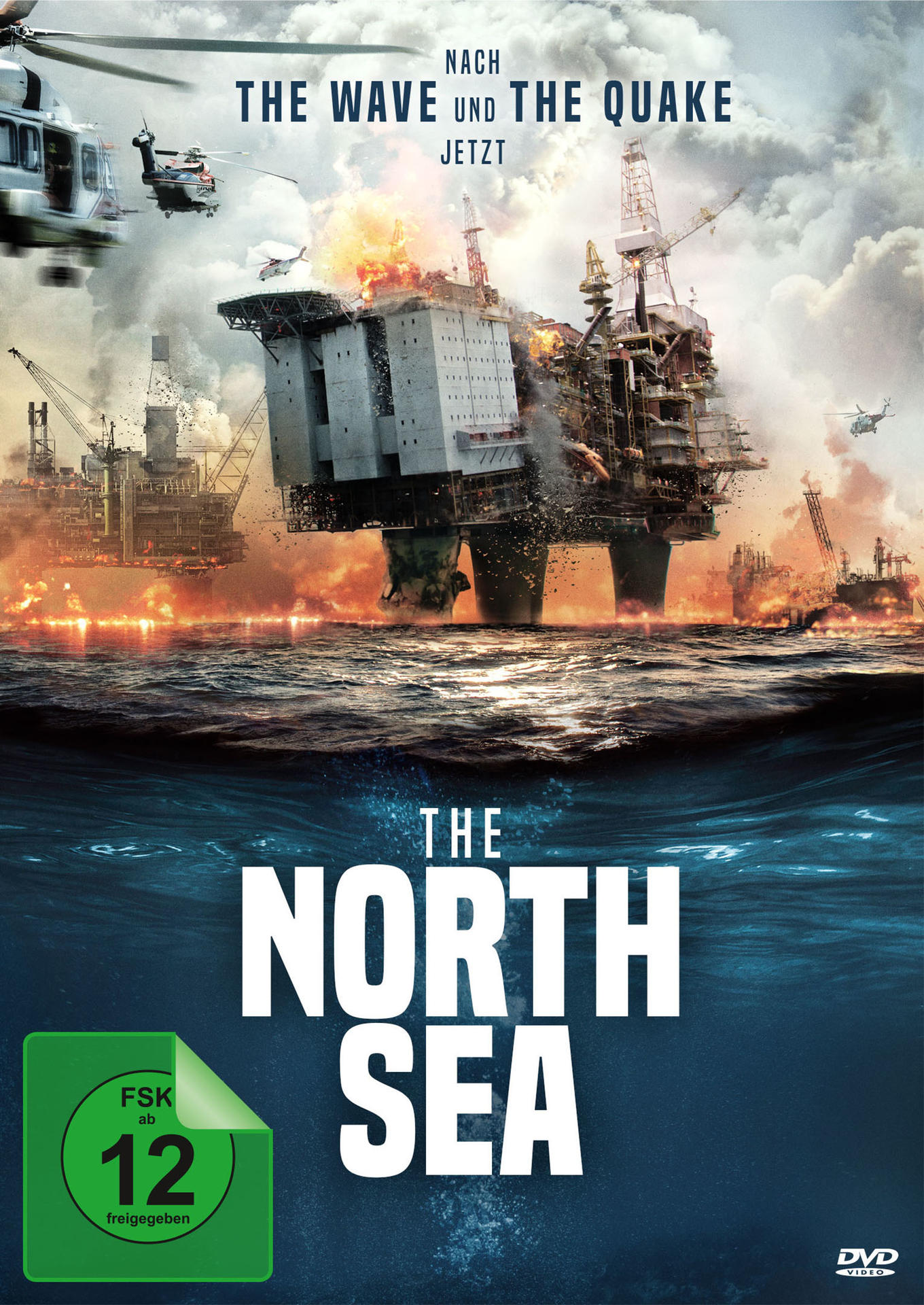Filmplakat von 'The North Sea'. Ölplattform in Flammen, Hubschrauber und das Meer. Grünes Etikett, Titel.