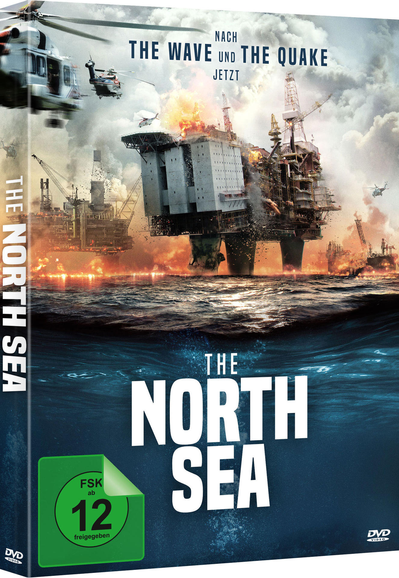 DVD-Hülle für den Film 'The North Sea' mit Ölplattform und Helikoptern.