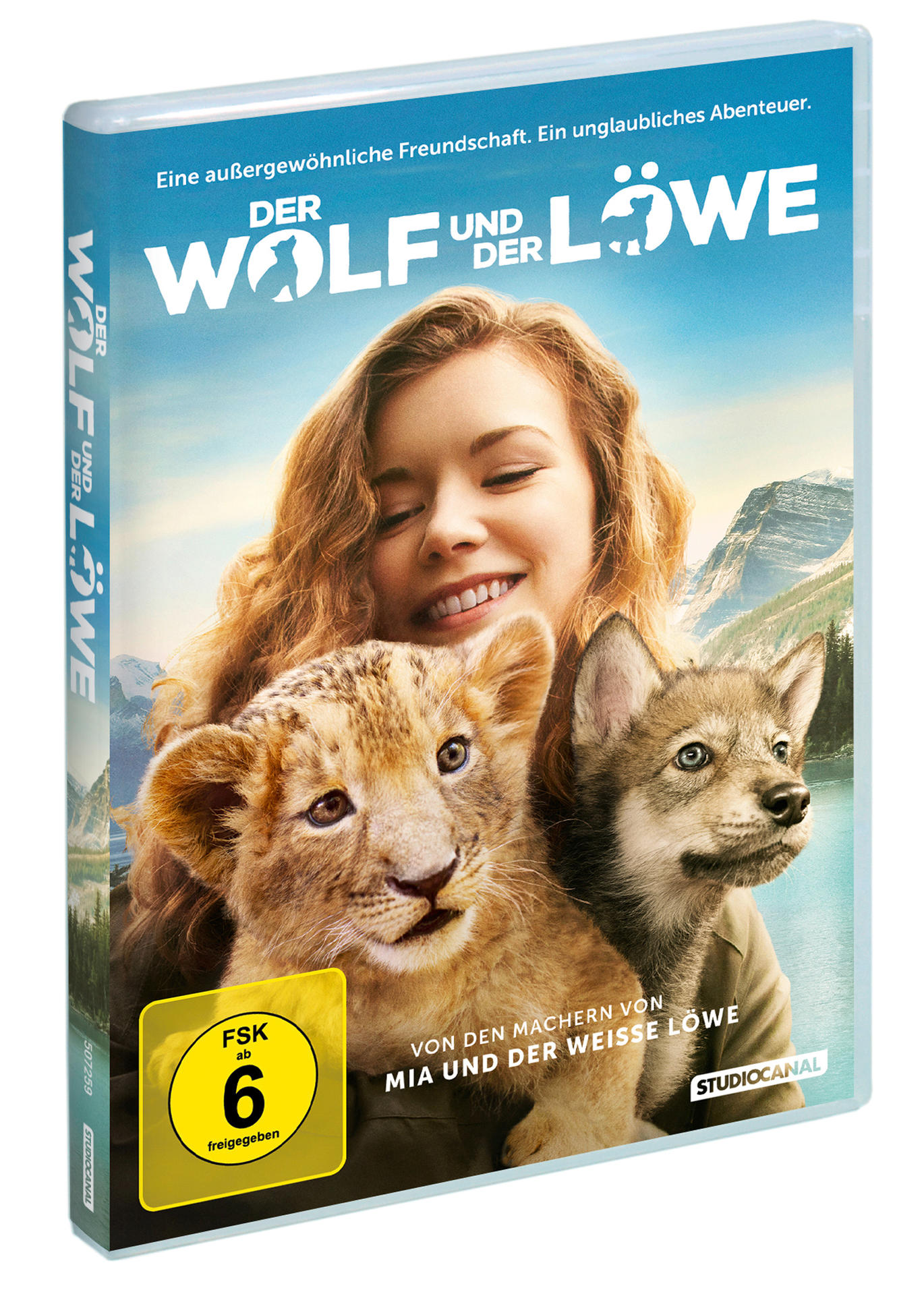DVD-Cover von 'Der Wolf und der Löwe' mit einem Mädchen, einem Löwenjungen und einem Wolfswelpen.