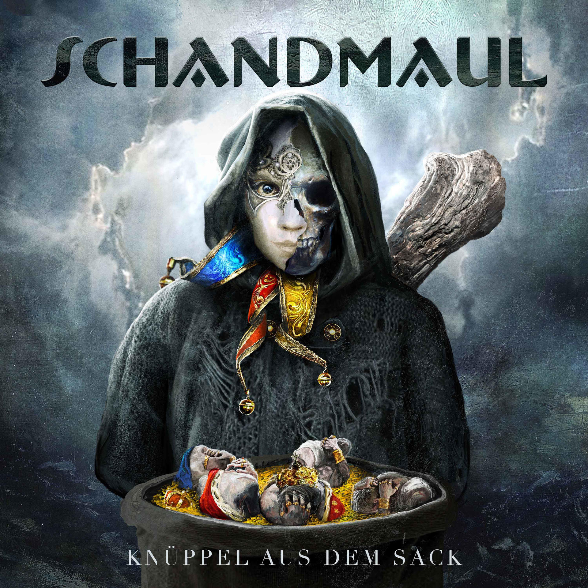 Albumcover mit einer Person, die eine Halb-Totenkopfmaske trägt und eine Tasche mit Goldmünzen hält.