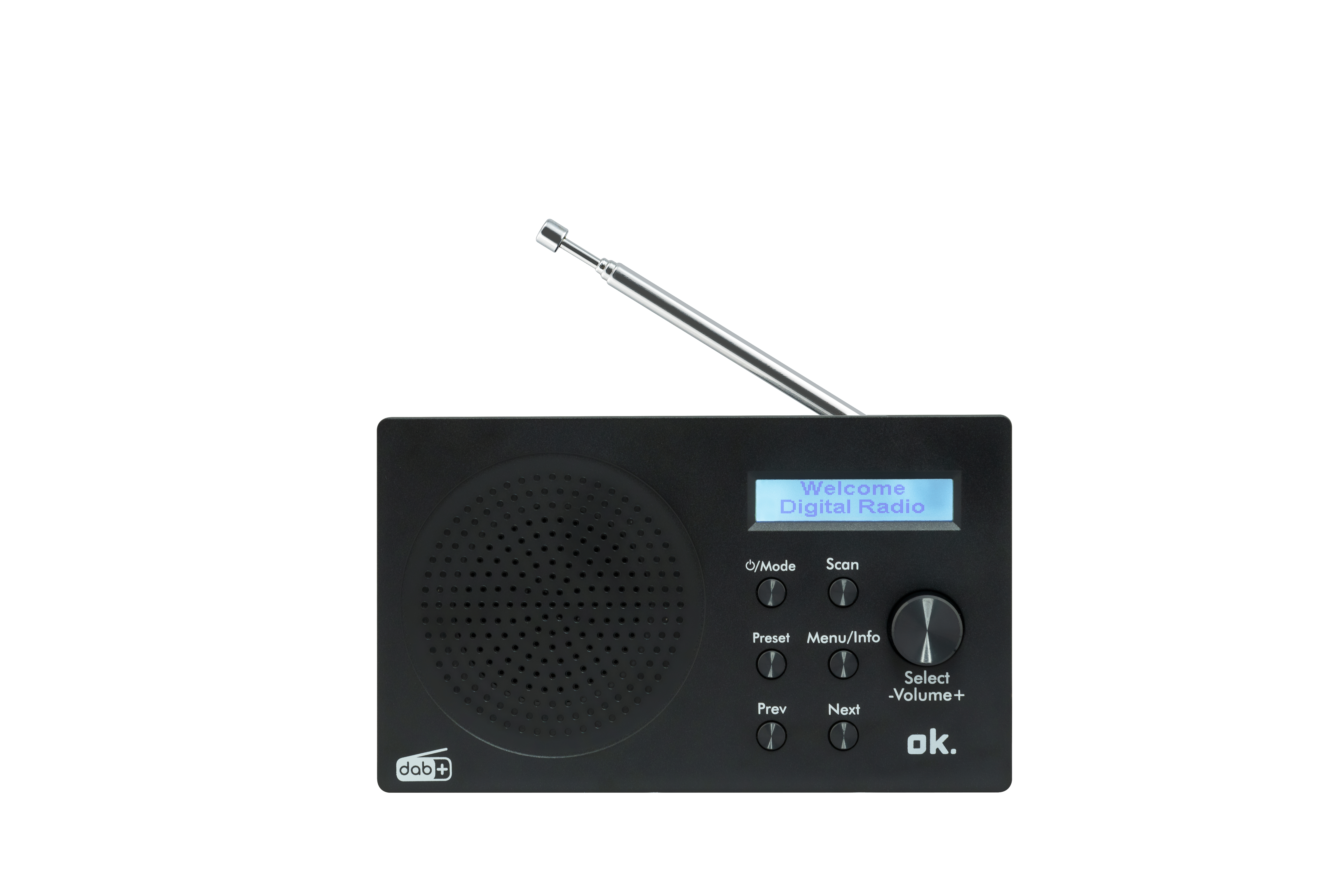 Schwarzes Digitalradio mit Bildschirm, der 'Welcome Digital Radio' anzeigt, und ausgefahrener Antenne.