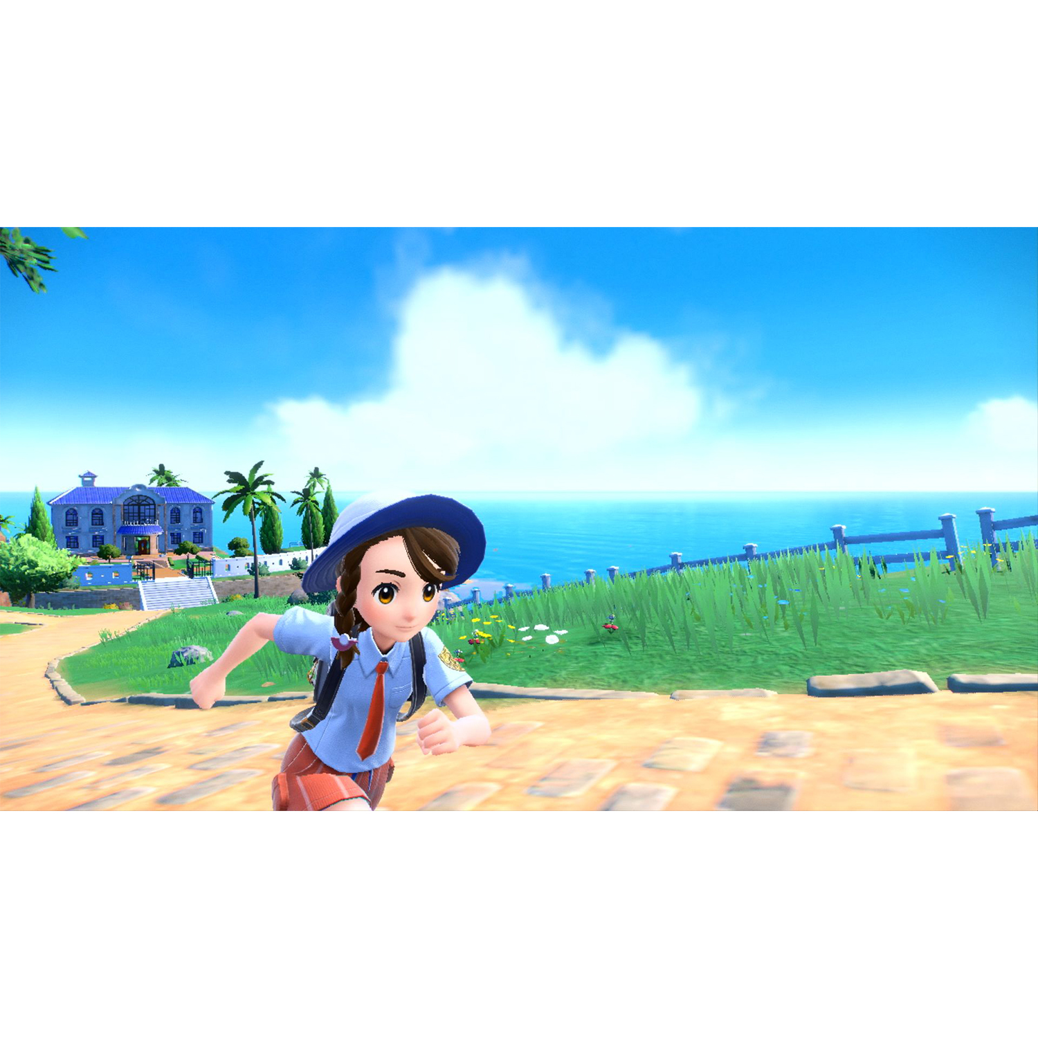 Ragazza che corre in una scena di videogioco, con cielo blu e sfondo costiero.
