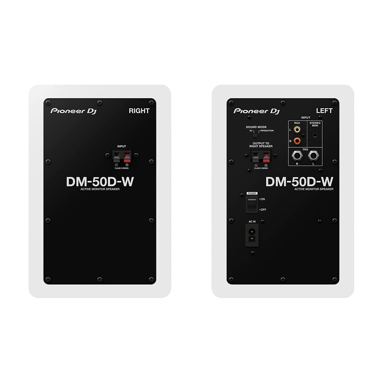 Due diffusori monitor attivi Pioneer DJ DM-50D-W, viste anteriore e posteriore.