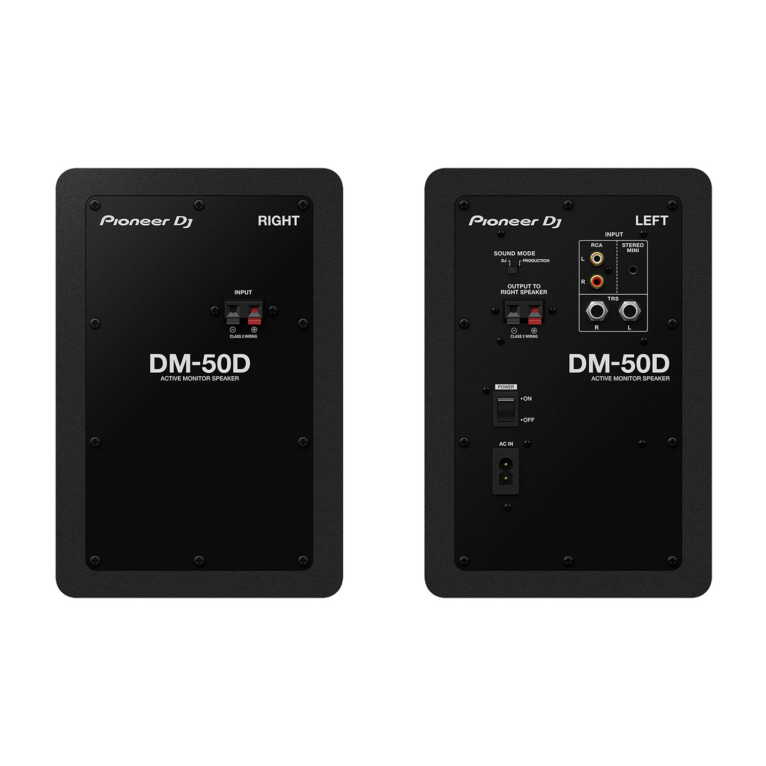 Due altoparlanti monitor attivi Pioneer DJ DM-50D neri, che mostrano i pannelli posteriori.