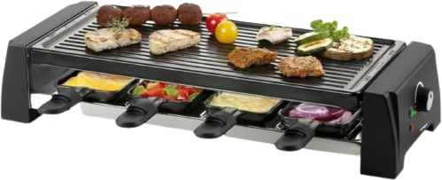 Raclette grill met eten erop, klaar om te koken.
