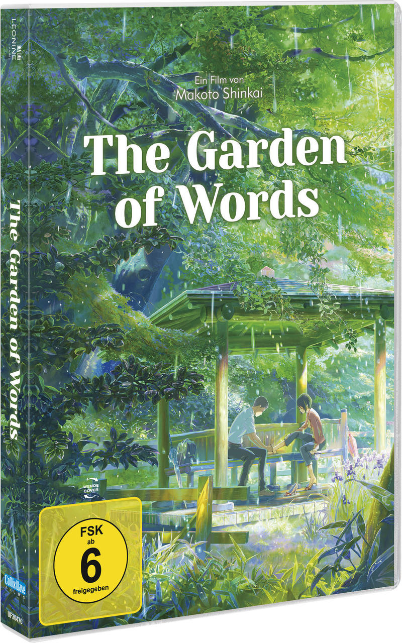 Das DVD-Cover des Anime-Films 'The Garden of Words', mit zwei Figuren unter einer Holzkonstruktion.