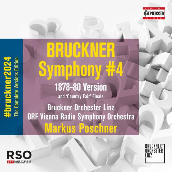 Albumcover für Bruckner Symphonie Nr. 4. Text über einem lila und weißen Hintergrund.