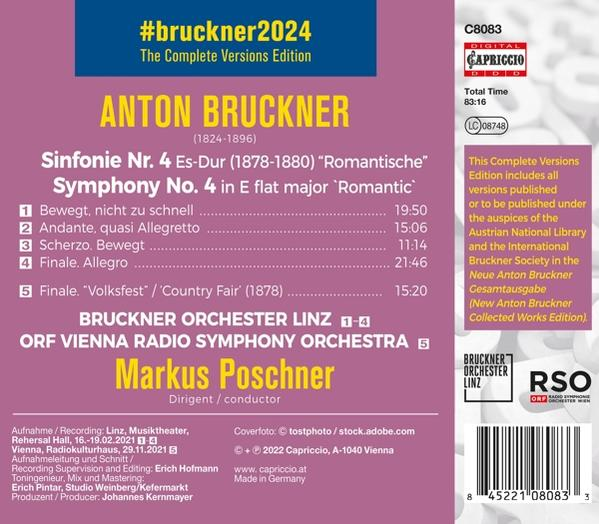 CD-Cover mit Text über Anton Bruckners Symphonie Nr. 4, einschließlich Titelliste und Komponistendetails.