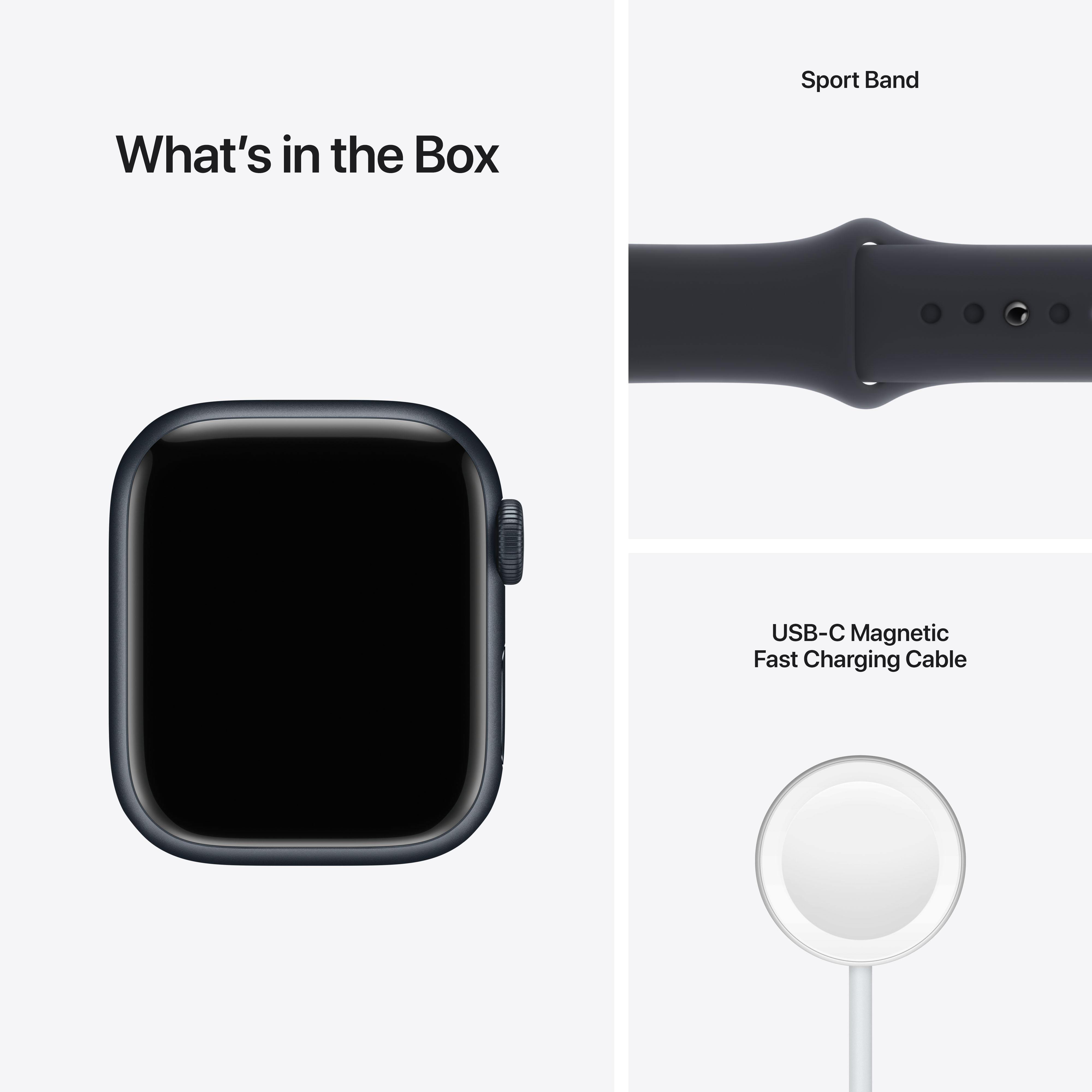 Apple Watch met zwarte band, oplaadkabel en sportband. Tekst geeft weer wat er in de doos zit.