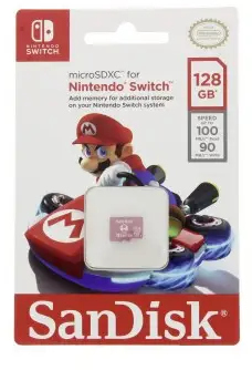 Nintendo Switch MicroSD card package. Shows the card and Mario image. 128 GB and speed info.