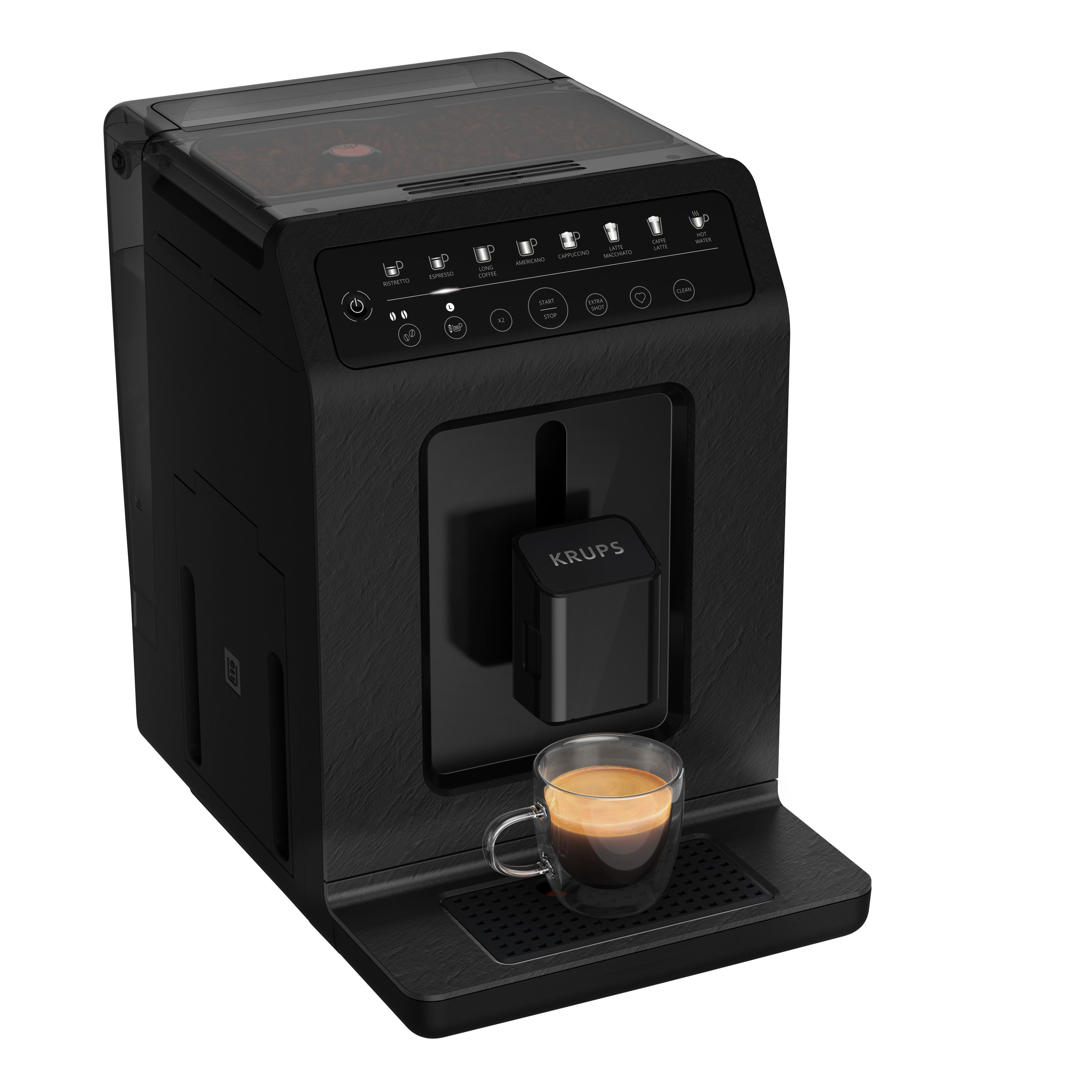 Schwarze Krups Kaffeemaschine mit Glas Espresso. Knöpfe sind auf der Vorderseite sichtbar.