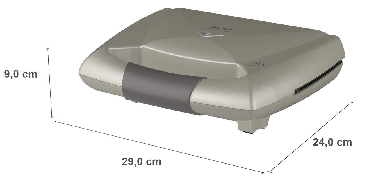 Fém szürke gofrisütő, méretekkel: 29,0 cm, 24,0 cm és 9,0 cm.