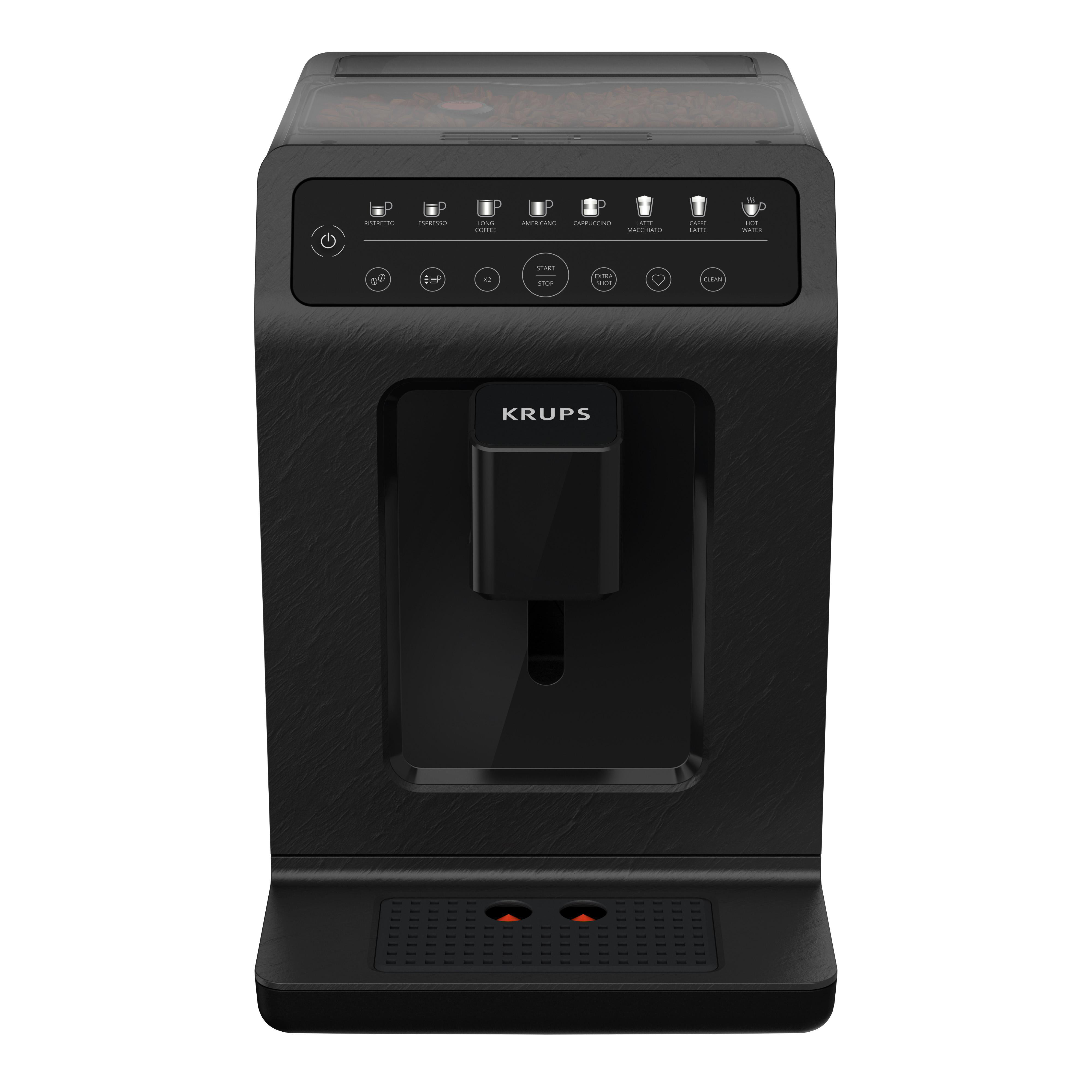 Schwarze Krups Kaffeemaschine mit schwarzer strukturierter Front.
