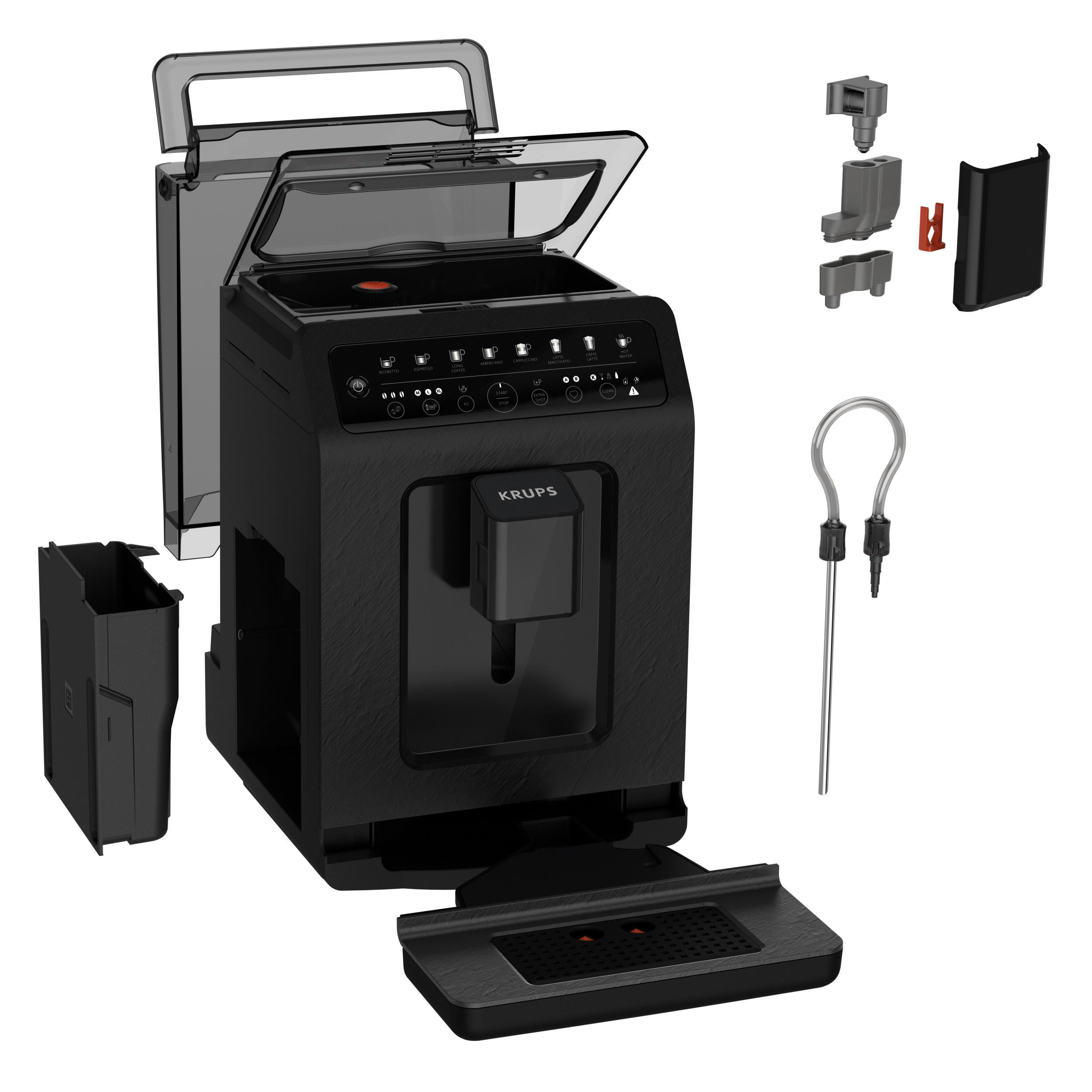 Eine schwarze Krups Espressomaschine mit mehreren abgetrennten Komponenten auf weißem Hintergrund.