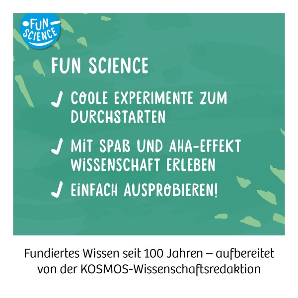 Text mit grünen Hintergründen. Enthält Text: Fun Science, Experimente, Wissenschaft, und einfach ausprobieren.