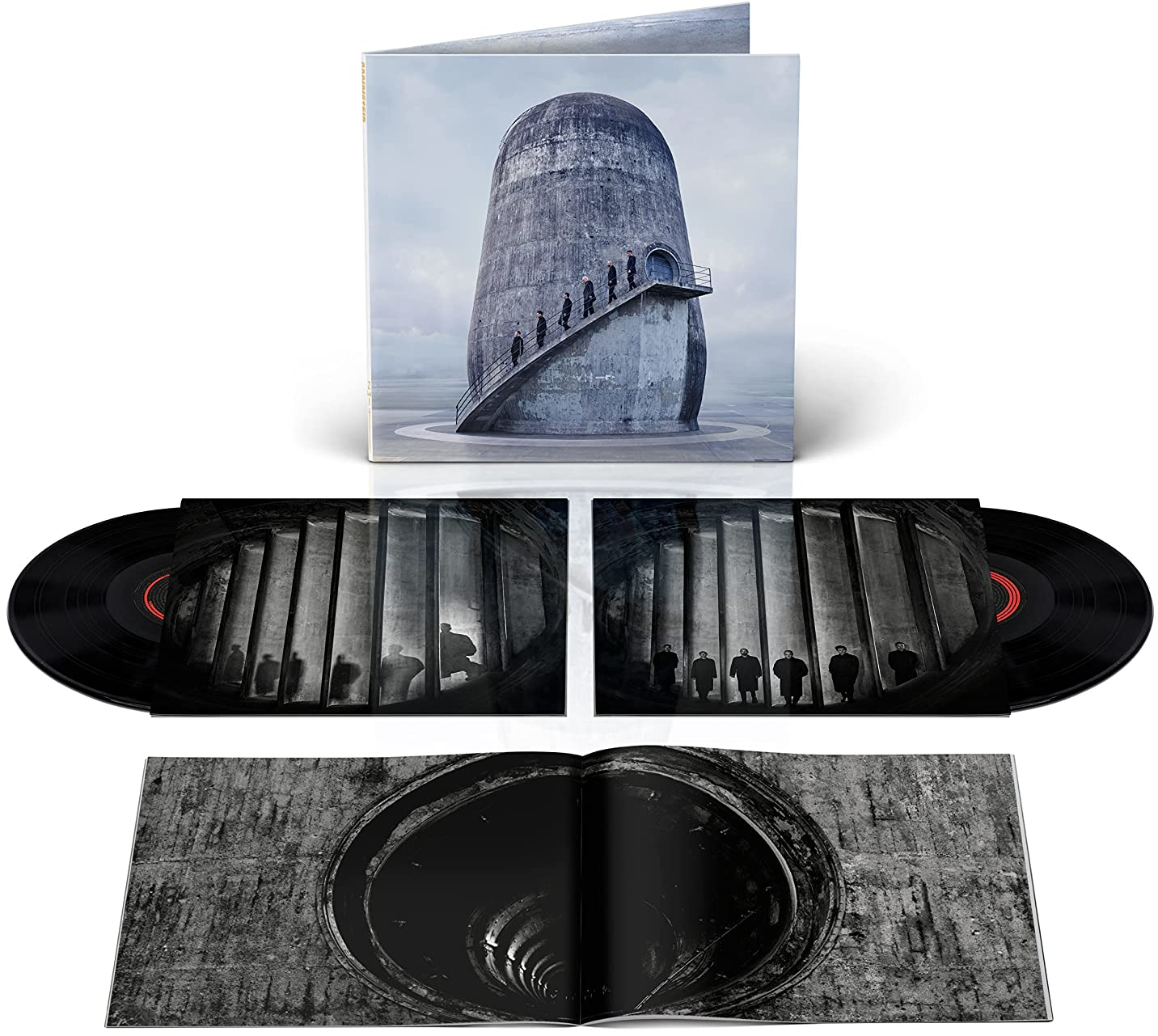 Rammstein albumkészlet. Tartalmazza az albumborítót, a nyitott albumot és két fekete bakelit lemezt.