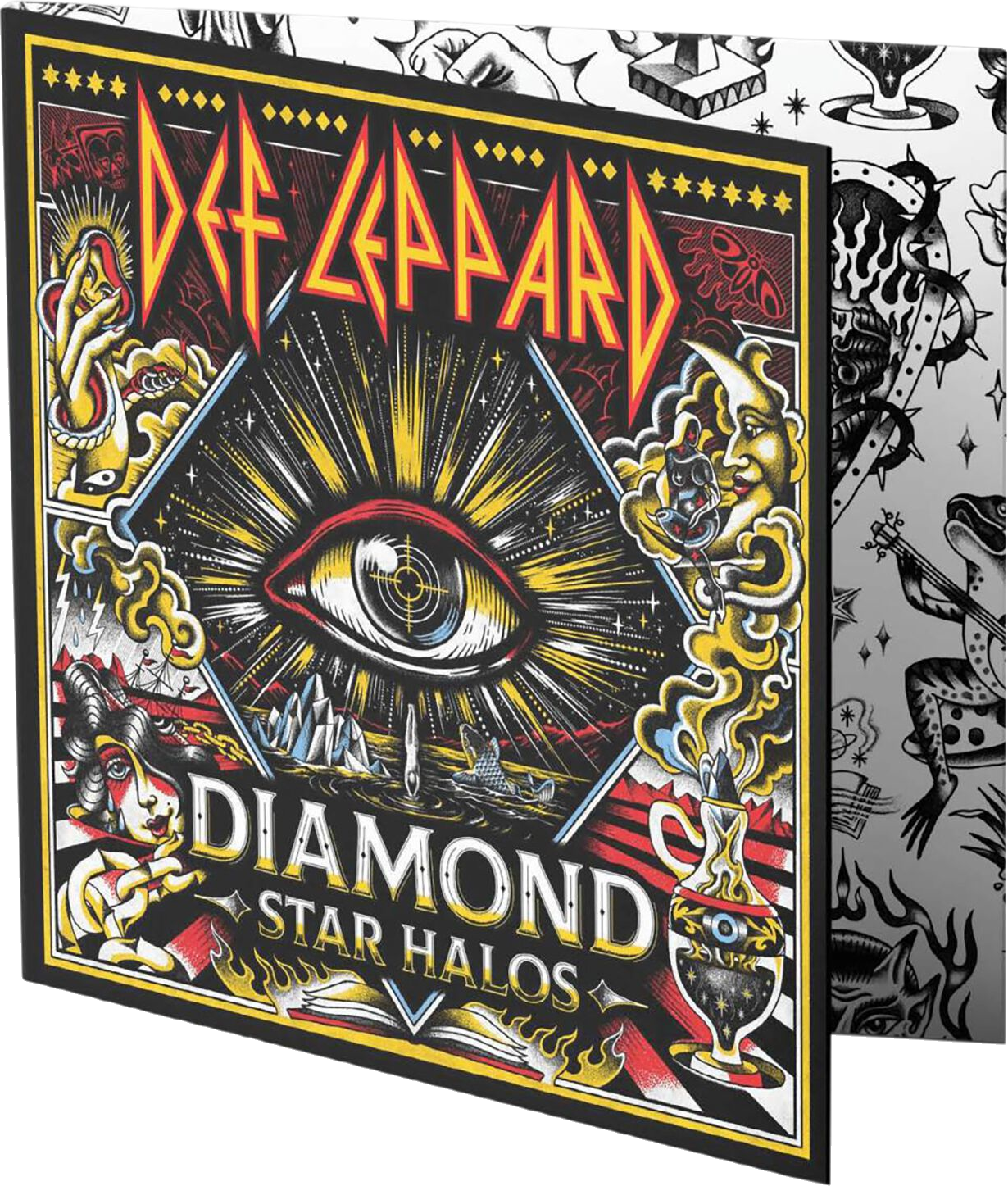 Album borító. Merész, szemet gyönyörködtető design egy nagy szemmel. 'Diamond Star Halos' szöveg. Def Leppard logó felül.