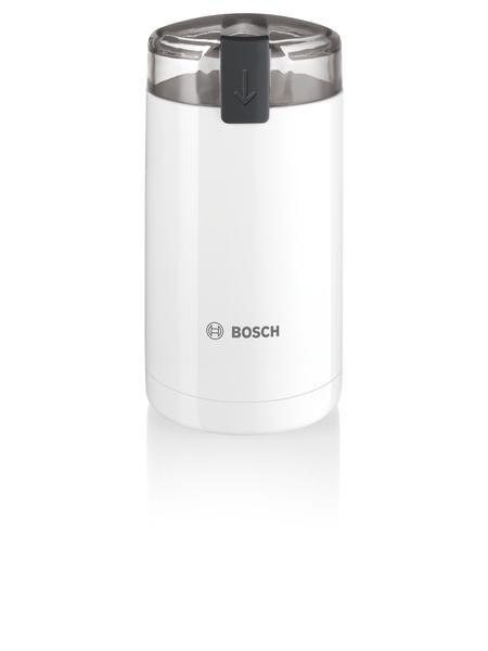 Weißer Bosch Kaffeemühle mit transparentem Deckel und dunkelgrauem Knopf.