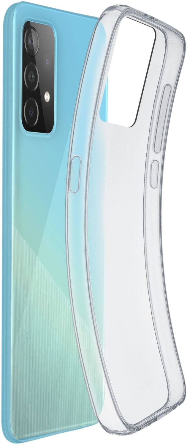 Un smartphone bleu clair avec une coque transparente. Le téléphone est vertical.