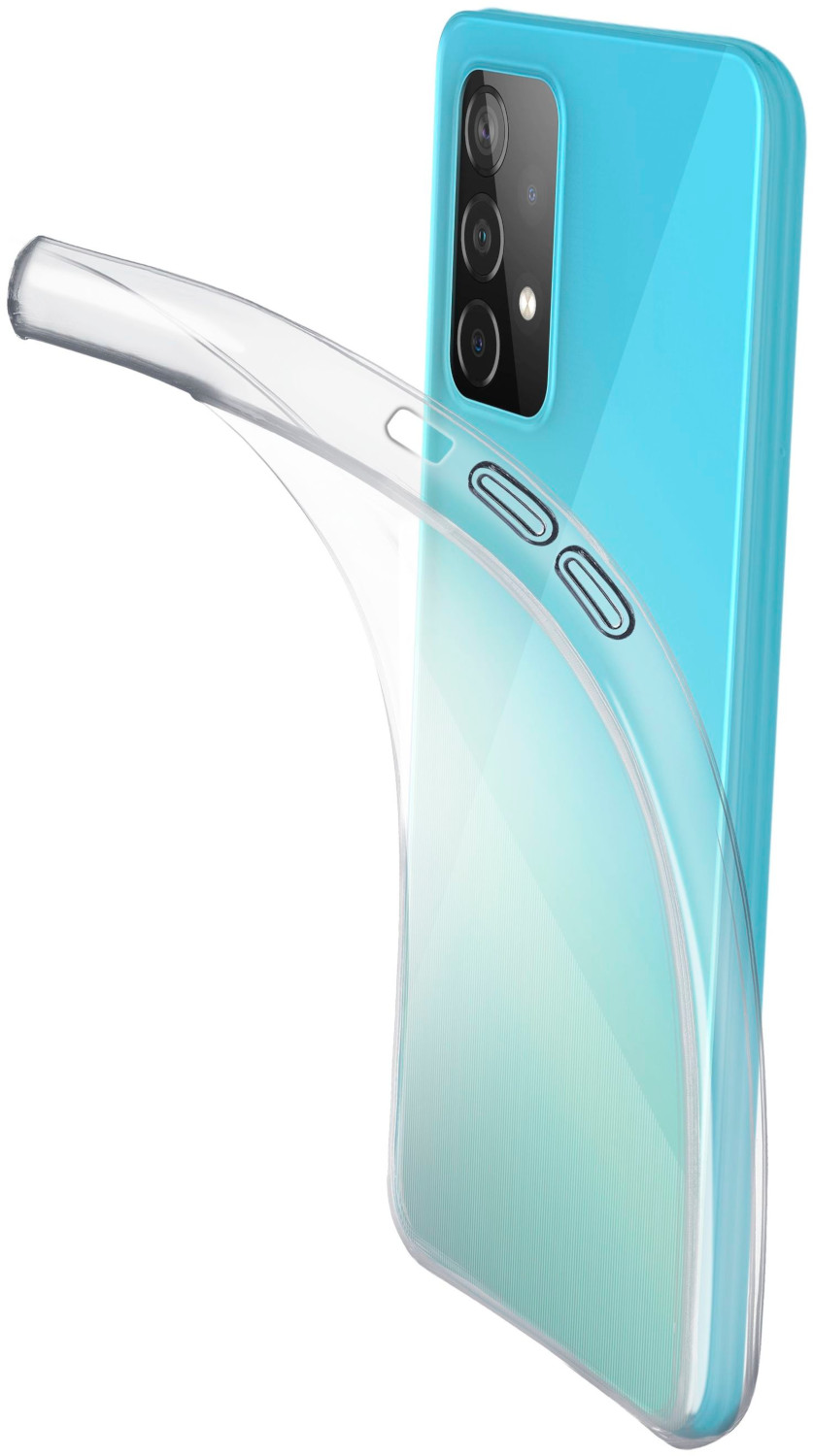 Une coque transparente sur un téléphone bleu. La coque enveloppe le téléphone.