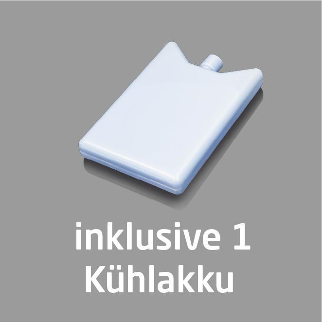 Ein weißes rechteckiges Kühlpack mit dem Text 'inklusive 1 Kühllakku' auf grauer Oberfläche.