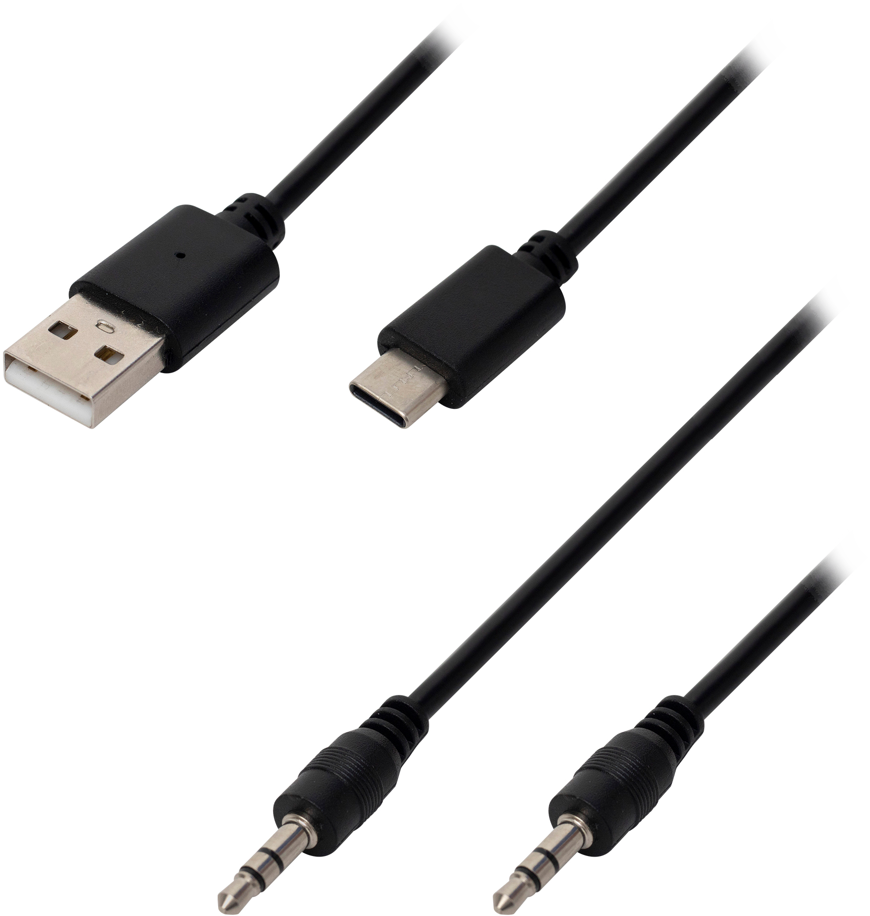 Fekete USB, USB-C és 3,5 mm-es audiokábelek fehér háttér előtt.