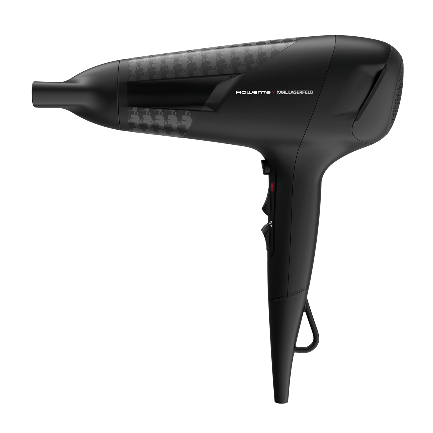 Un asciugacapelli nero con un design a fantasia sul lato, marchio: Rowenta Karl Lagerfeld.