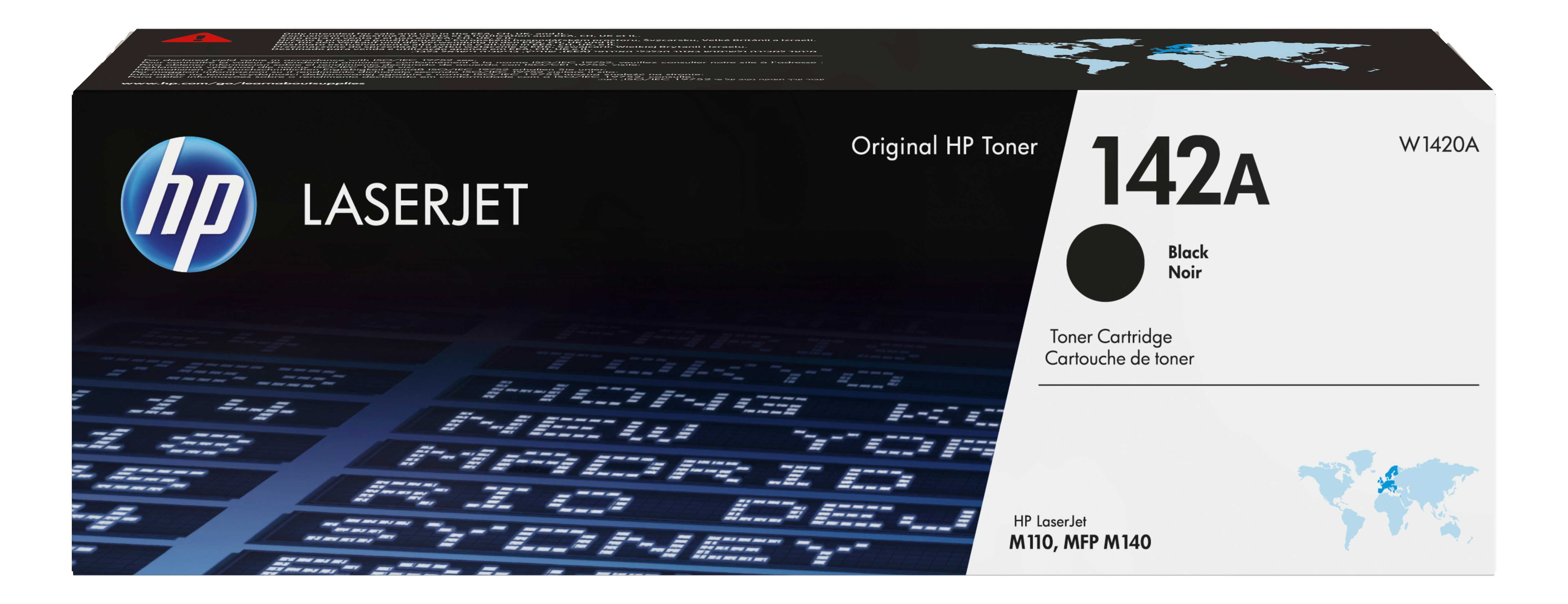 Scatola di toner HP LaserJet 142A, nero. La scatola ha un design blu e nero, con una mappa del mondo.