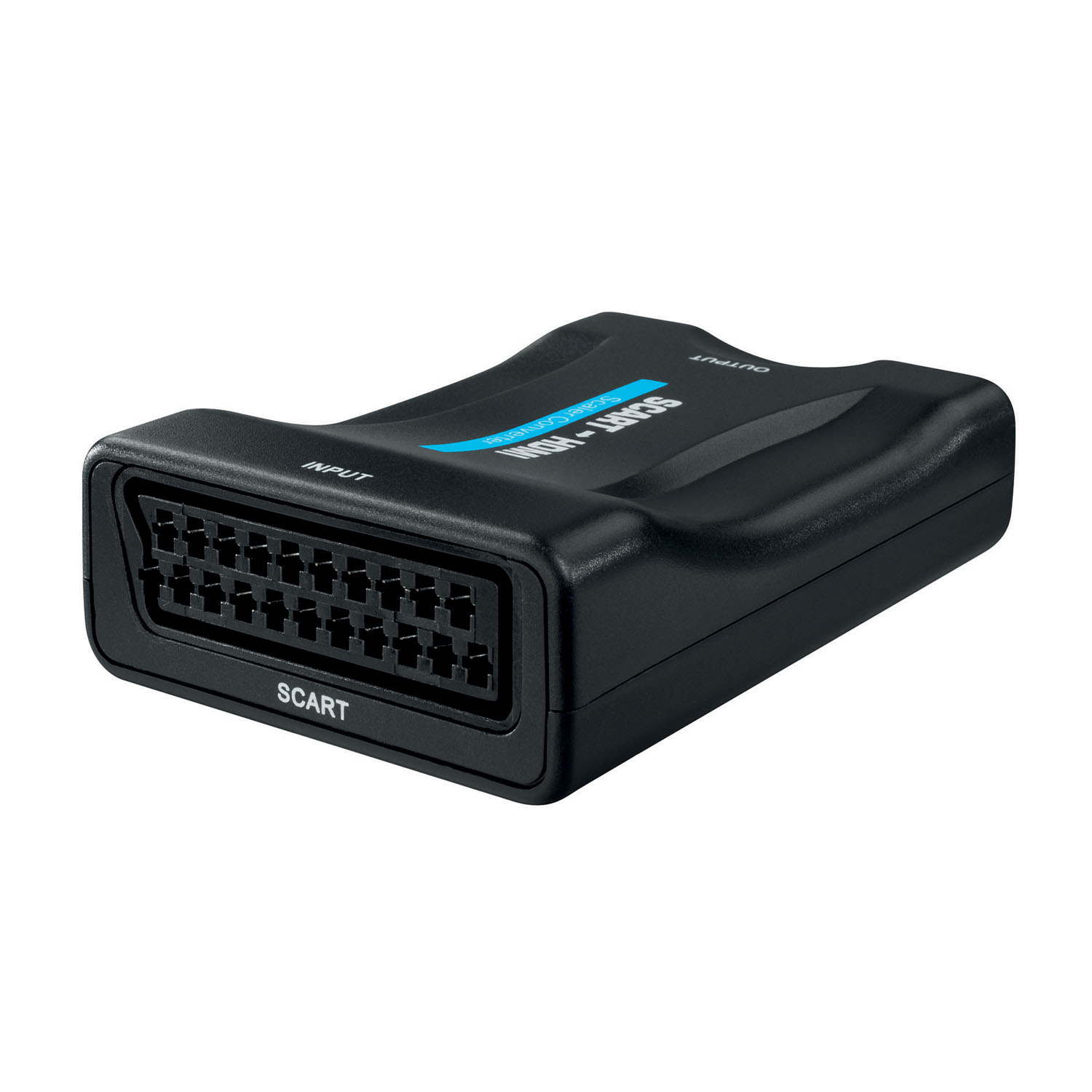 Adattatore SCART a HDMI nero con porte di ingresso e uscita SCART. Il dispositivo ha un'etichetta blu.