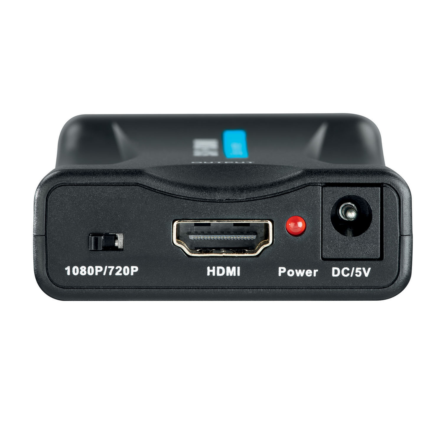 Adattatore HDMI nero con porta HDMI, ingresso alimentazione e pulsante di accensione.