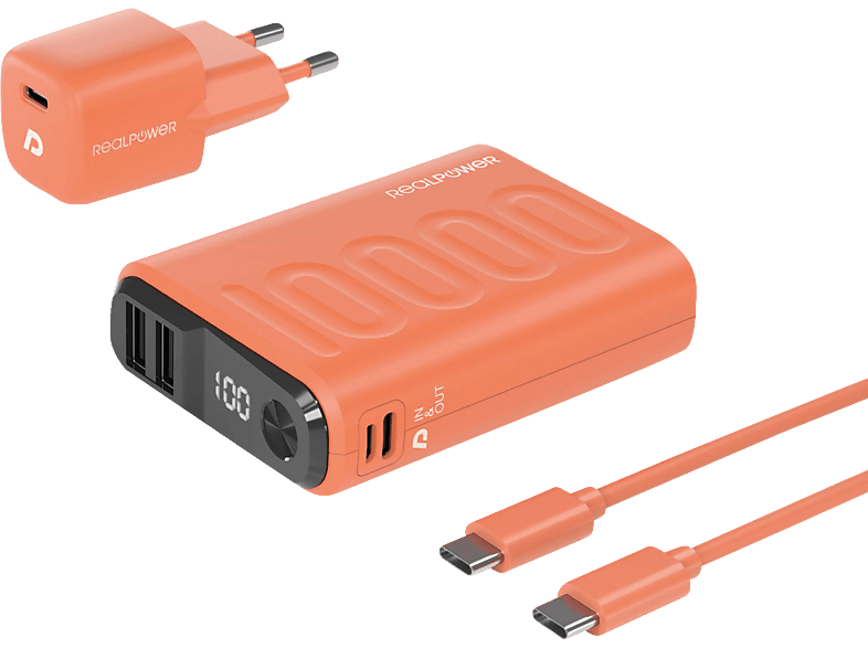 REALPOWER Powerbank, und Kabel mAh Netzteil Orange 390660 10000