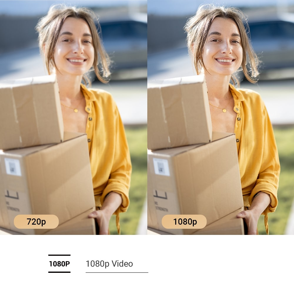 Deux images côte à côte. Femme avec des boîtes. L'une montre 720p, l'autre une résolution de 1080p.