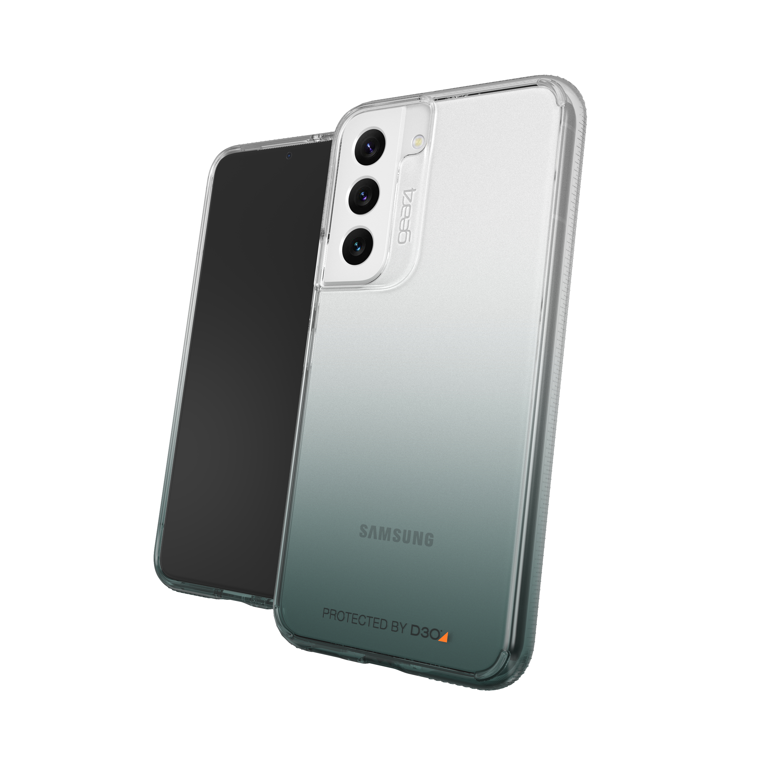 Transparente Handyhülle. Telefon im Inneren zeigt Farbverlauf. Rückseite mit Kameras sichtbar.