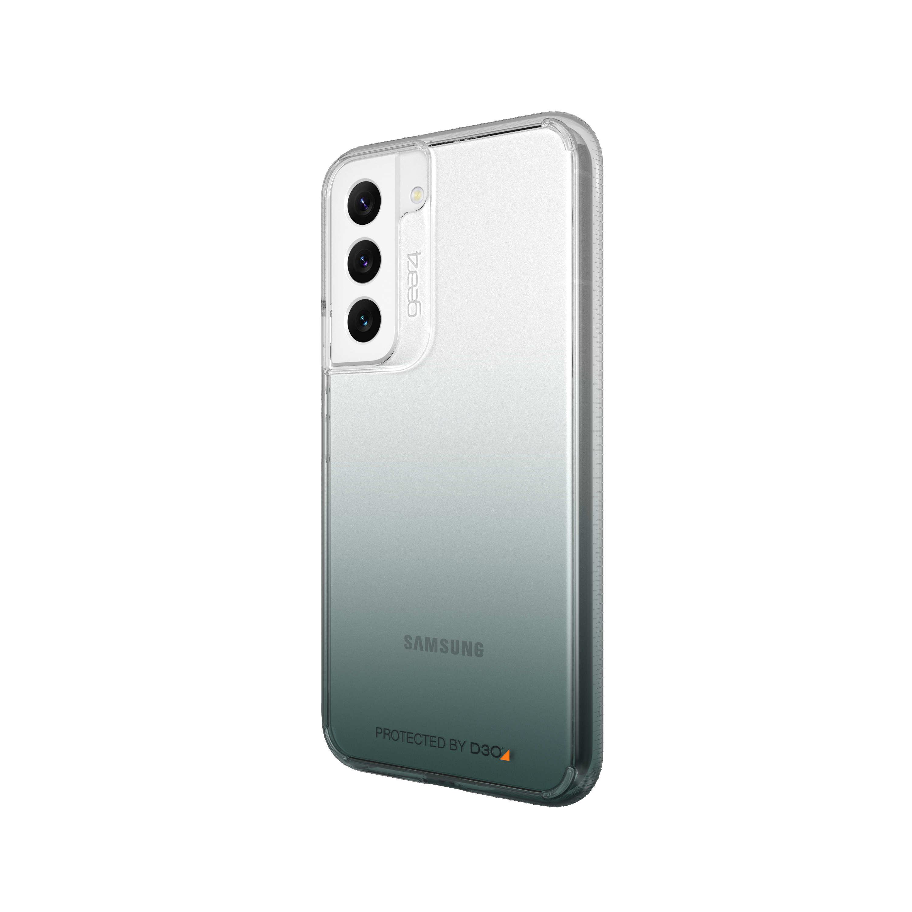 Eine transparente Handyhülle mit grünem Farbverlauf und einem Samsung-Handy.
