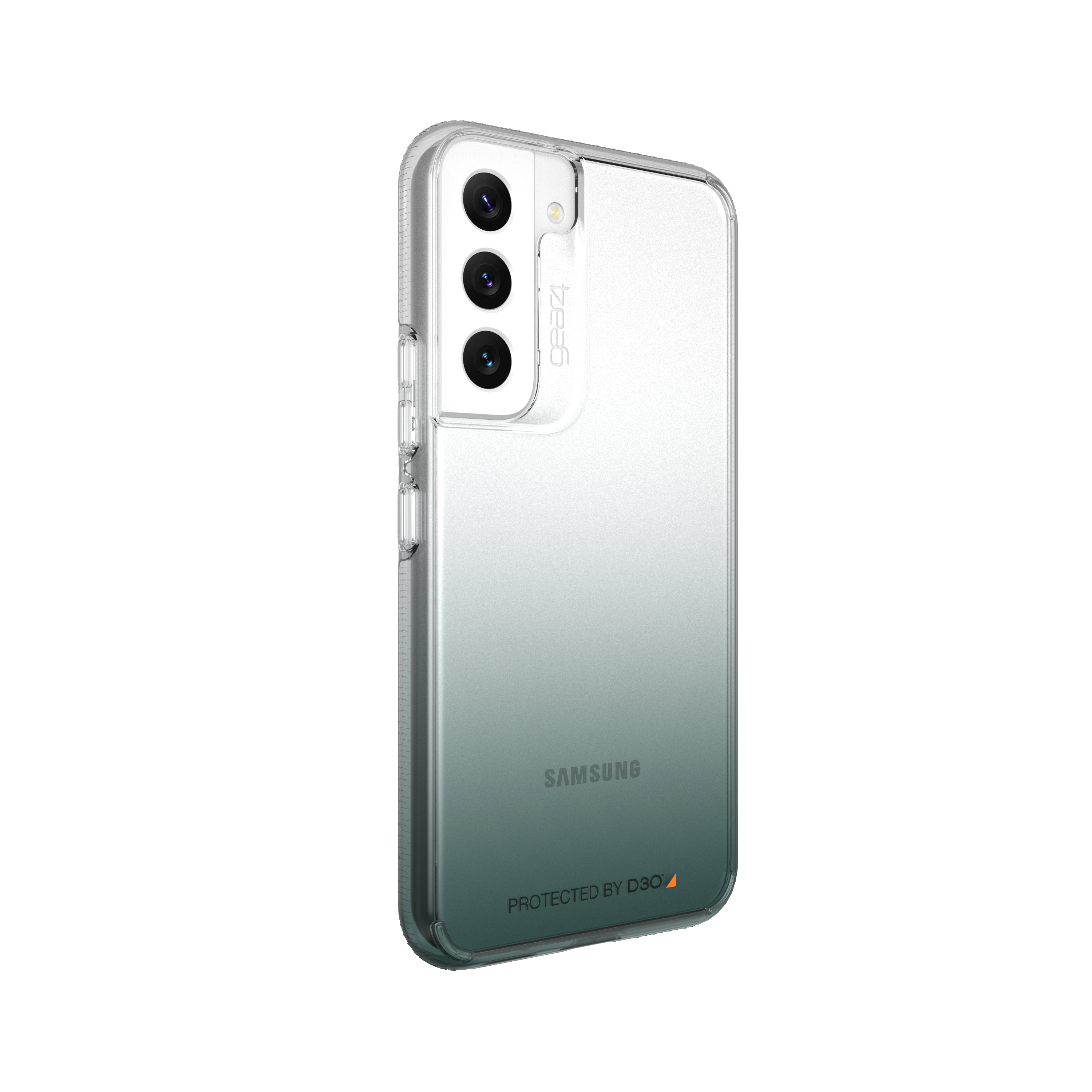 Transparente Handyhülle auf einem Samsung-Telefon, mit drei sichtbaren Kameralinsen.