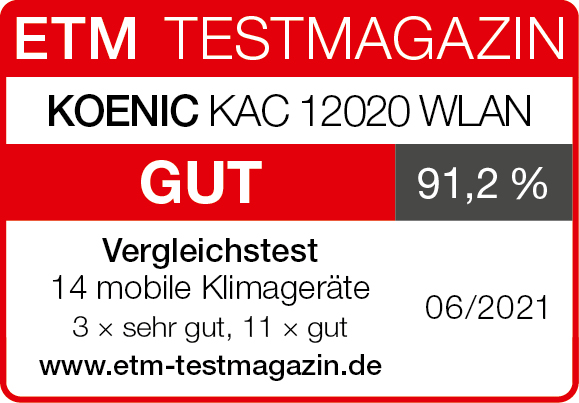 Un autocollant rouge et blanc avec le logo ETM Testmagazin et les résultats des tests. Le produit est un Koenic KAC 12020 WLAN.