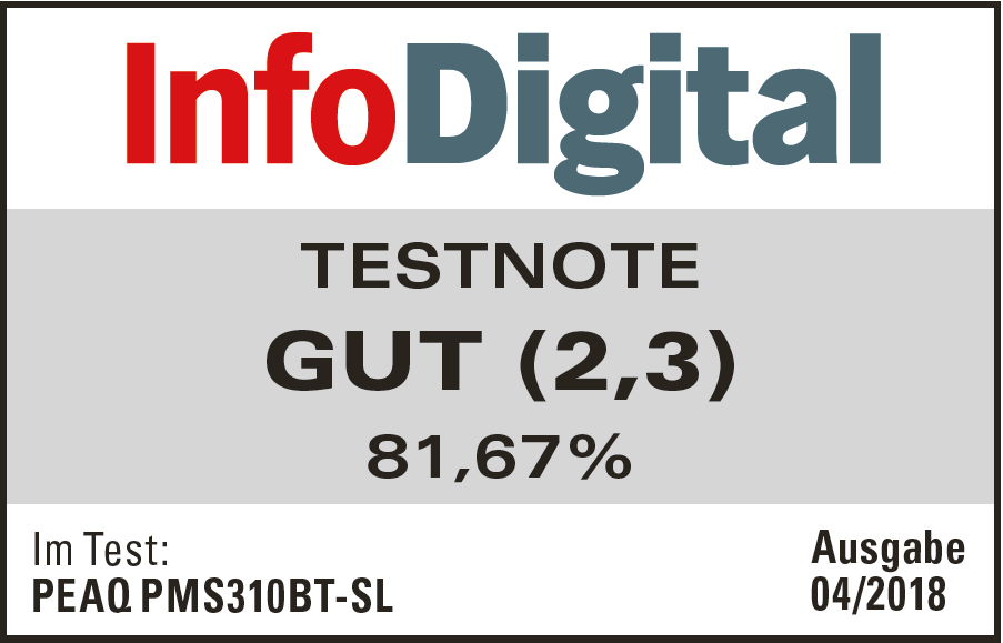 Testergebnis: Gut (2,3), 81,67 %, PEAQ PMS310BT-SL, InfoDigital Logo.