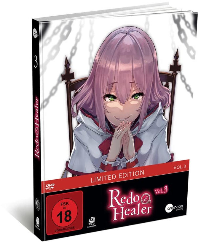 Anime-DVD-Hülle, Vorderansicht. Ein Mädchen mit rosa Haaren. 'Redo of Healer' Titel.