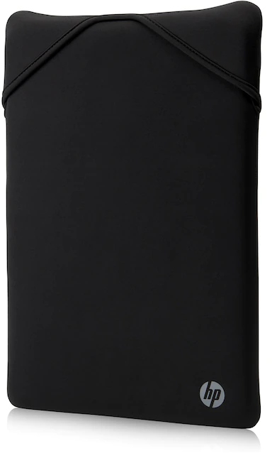 Housse noire pour ordinateur portable avec fermeture incurvée et logo HP.