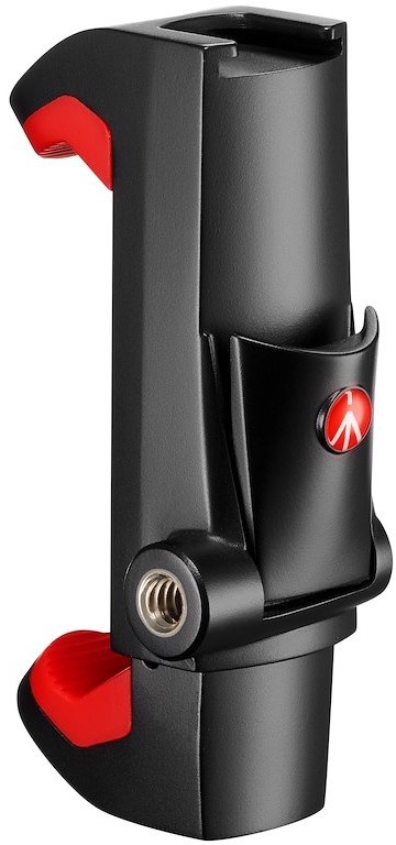 Un support de téléphone noir avec un bouton rouge et un logo. Il a un support pour un téléphone.