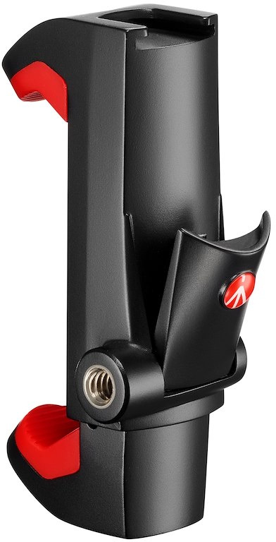 Support de téléphone noir avec des accents rouges. Vue en angle, montrant la structure. Fond blanc.