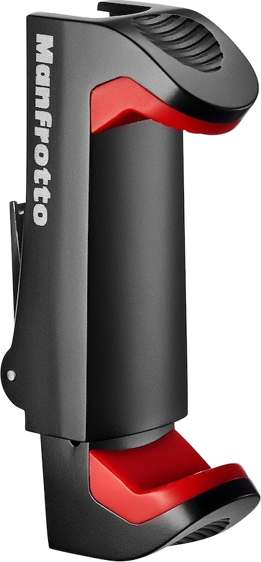 Support de téléphone Manfrotto noir et rouge, avec un design incurvé, isolé sur fond blanc.
