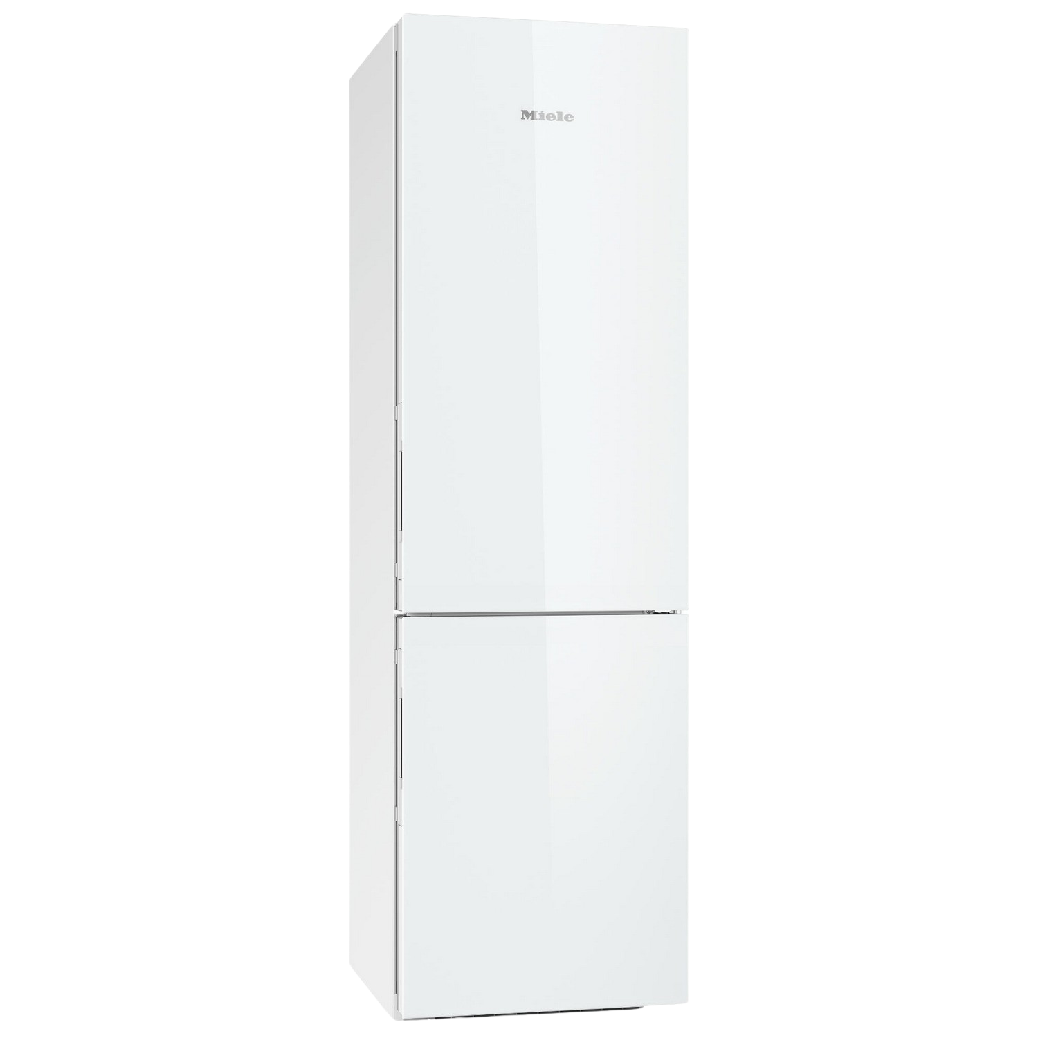 Refrigerador Miele blanco. Es un modelo alto de dos puertas con diseño minimalista.