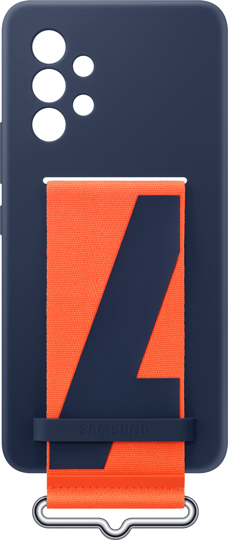 Een marineblauwe telefoonhoes met een oranje band en zilveren sluiting.