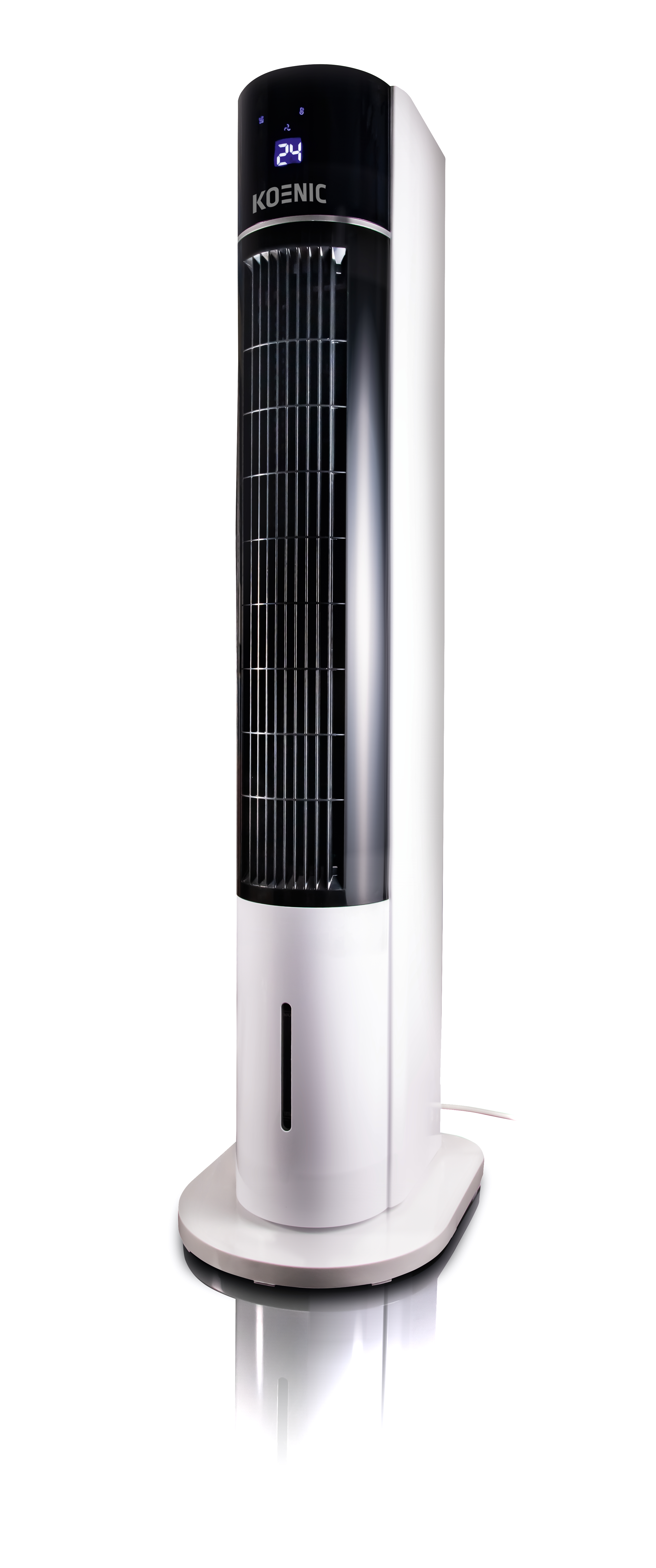 Weiß-schwarzer Turmventilator, Marke KOENIC, mit digitaler Anzeige, die 24 anzeigt, weißer Hintergrund.