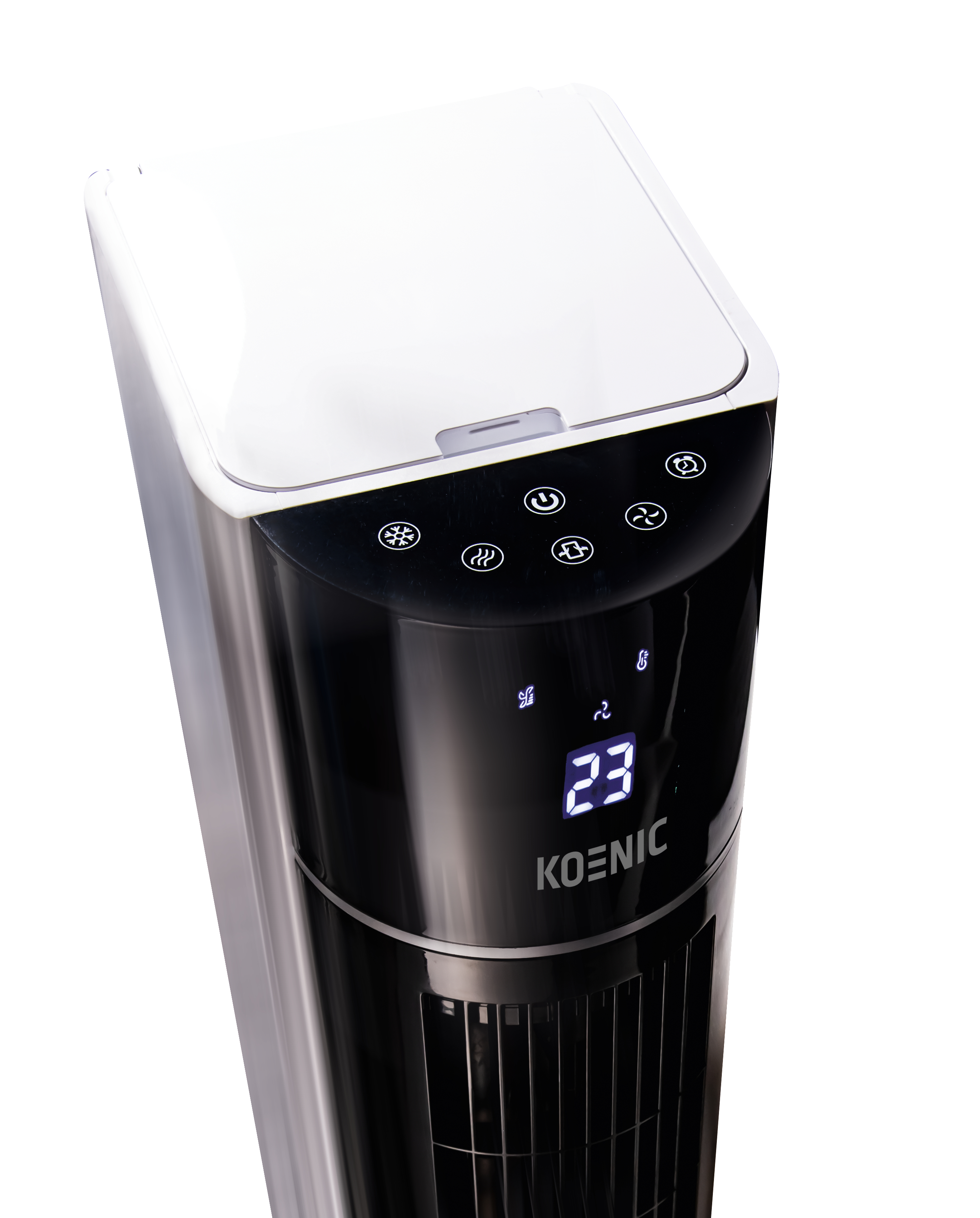 Schwarzer und silberner Koenic Turmventilator, Anzeige zeigt '23'.